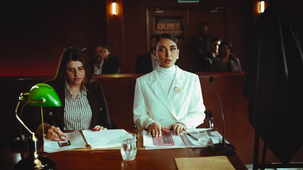 Criminal defense lawyers reviewing legal documents in a courtroom setting