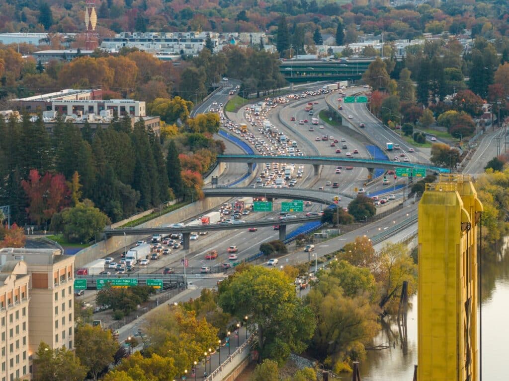 Sacramento highway traffic at sunset near the I 5 corridor