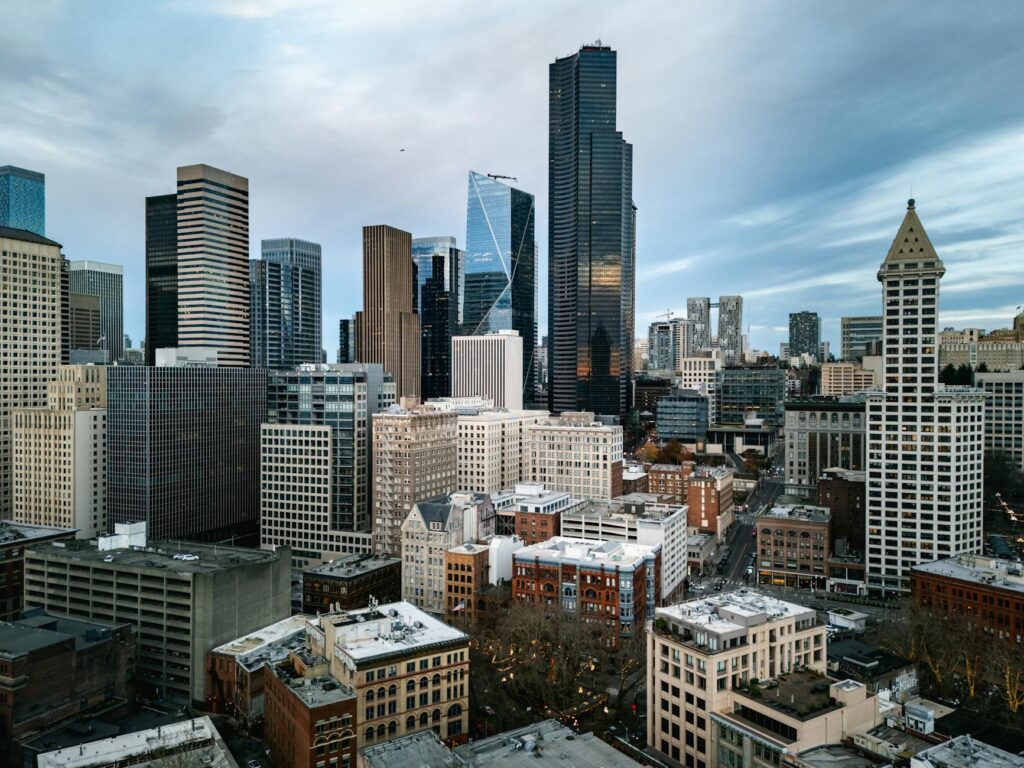 Employment attorney Seattle WA  aerial view of Seattle skyline with modern skyscrapers