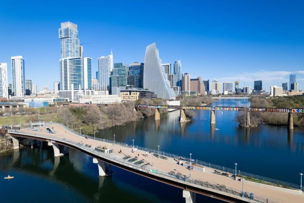 Aerial view of Austin skyline with bridges over the river  consumer protection attorney Austin guide